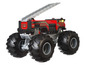 Een rode Hot Wheels Monster Truck met een ladder, brandweerthema.
