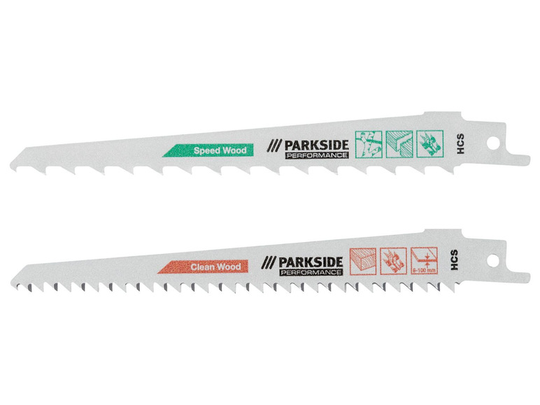 Twee Parkside Performance zaagbladen voor hout: Speed Wood en Clean Wood.