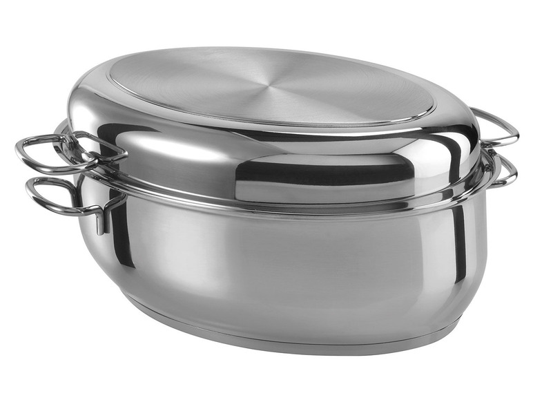 Een ronde roestvrijstalen pan met deksel.