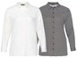 Twee Escada blouses, een witte en een met zwart-witte ruitjes.