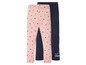 Twee leggings voor meisjes: roze met hartjesprint en donkerblauw met tekst 'We are a team'.