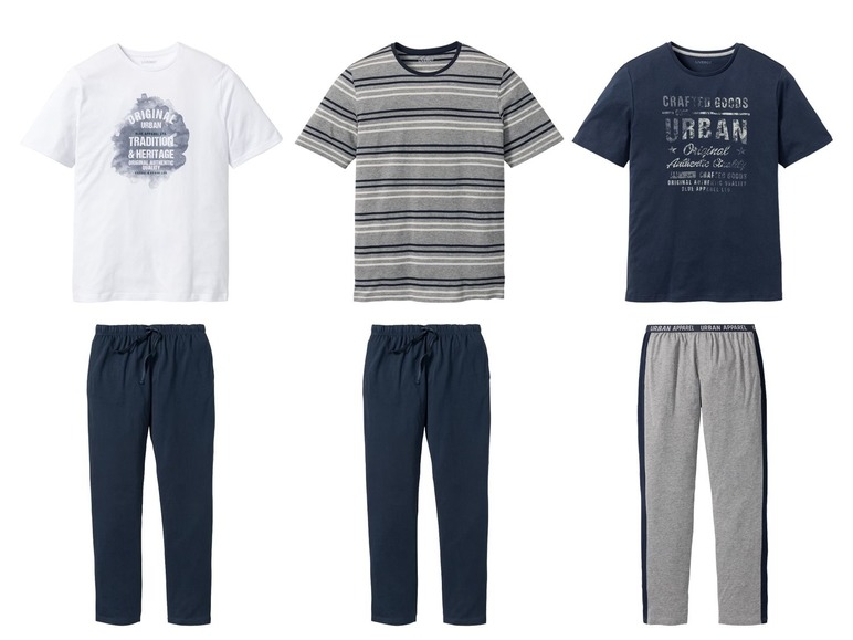 Drie t-shirts en drie broeken, waaronder een gestreept t-shirt en een broek met een 'Urban Apparel' print.