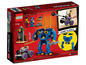 LEGO Ninjago set met een blauwe robot, twee voertuigen en minifiguren.