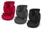 Drie autostoeltjes, rood, grijs en zwart, met het merk Cybex.