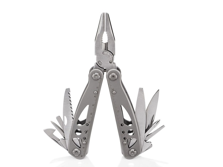 Een multitool met tang, mes en andere gereedschappen.