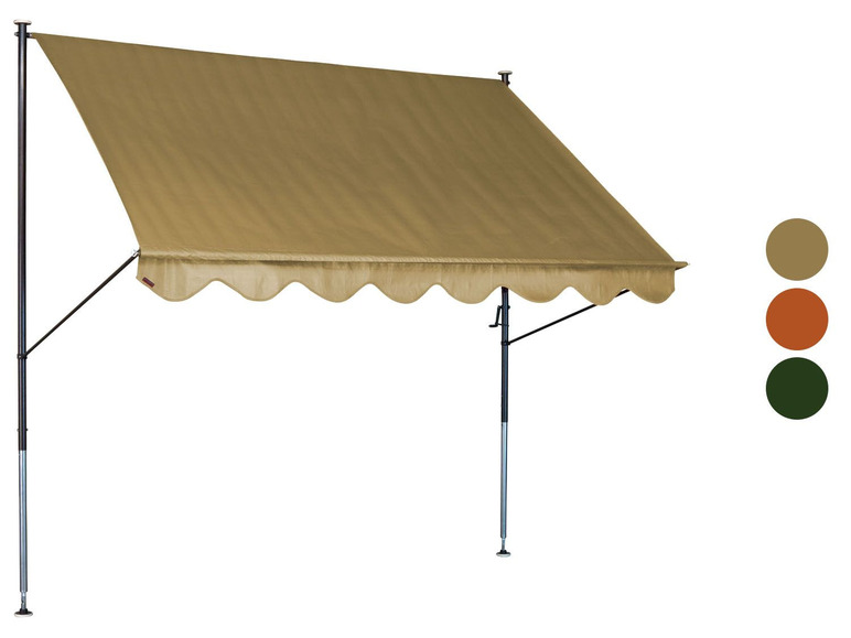 Een beige zonnescherm met twee poten.