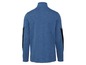 Blauwe fleece trui met zwarte elleboogpatches.
