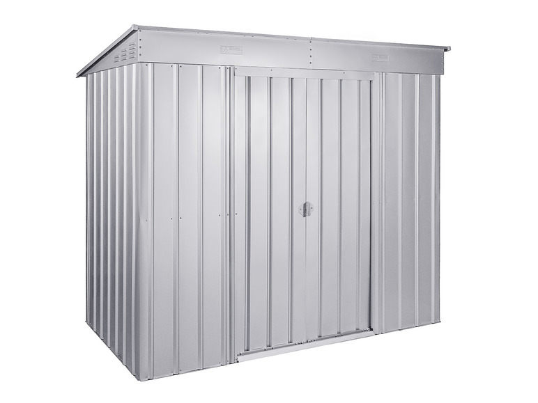 Een grijs metalen tuinhuis met dubbele deuren.