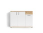 Witte dressoir met houten bovenblad en twee deuren.