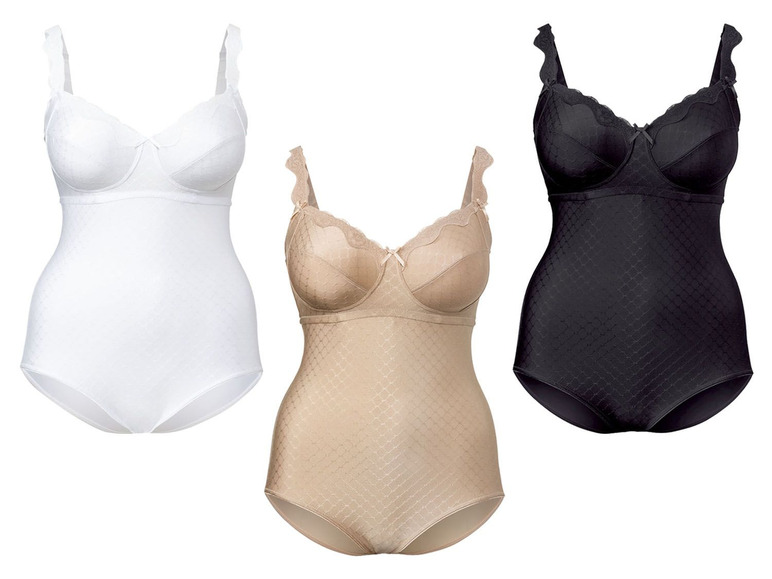 Drie corrigerende body's in wit, beige en zwart.
