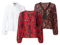 Drie blouses met lange mouwen: een witte, een rode met bloemenprint en een zwarte met paisleyprint.