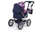 Een blauwe kinderwagen met roze en witte print.