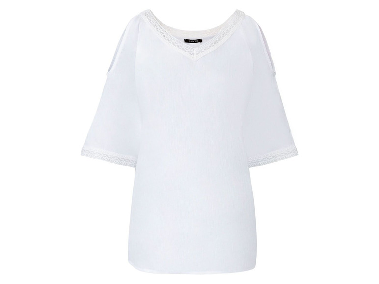 Wit T-shirt met open schouders en kantdetails.