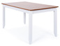 Een witte eettafel met een houten blad.