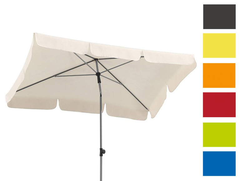 Een crèmekleurige parasol met een grijs frame.