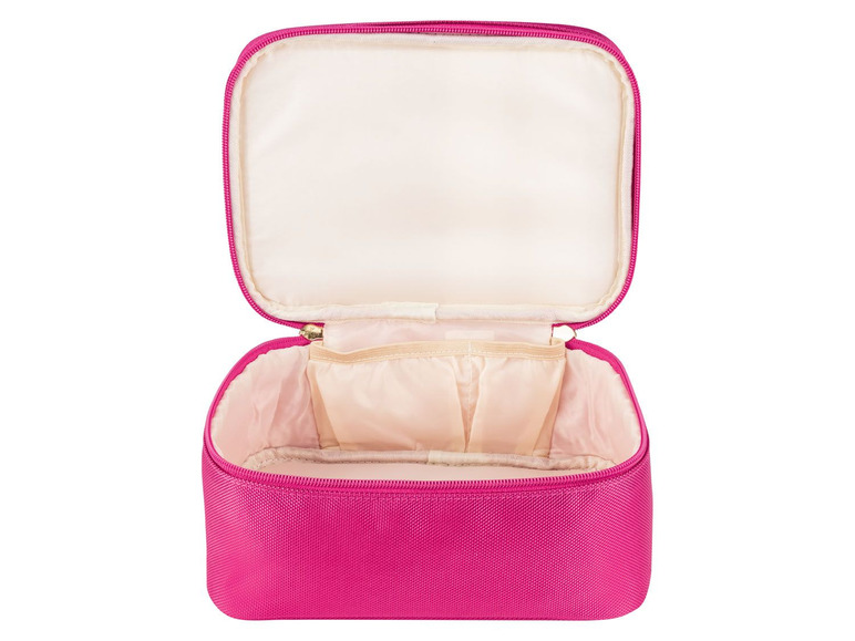Een roze toilettas met meerdere vakjes.