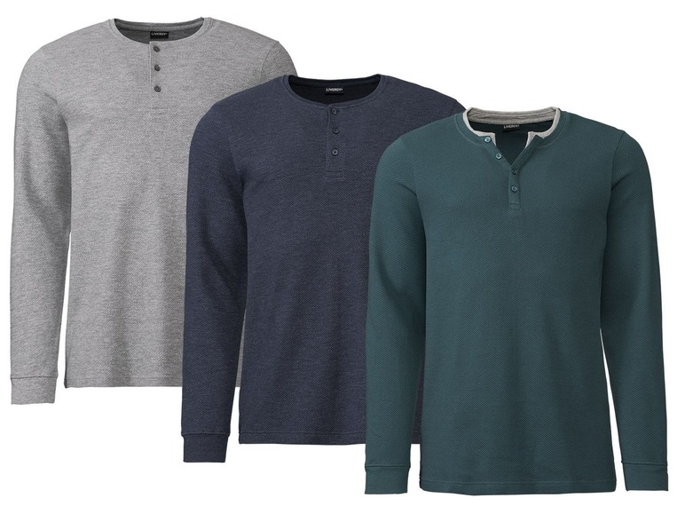 Drie lange mouwen, knoopsluiting, LIVELY shirts in grijs, donkerblauw en groen.
