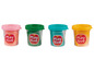 Vier potjes Play-Doh klei in roze, groen, blauw en geel.