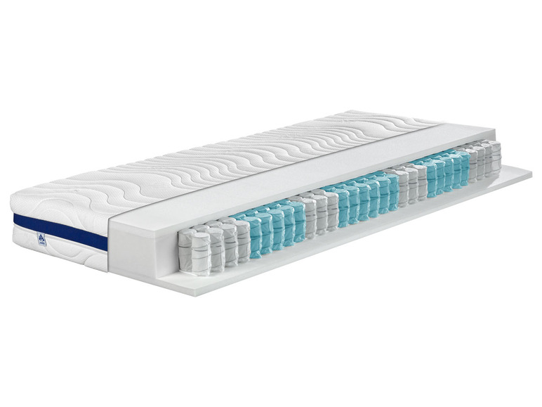 Een doorsnede van een matras met pocketveren en een blauwe rand.