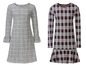 Twee geruite jurken met lange mouwen, één grijs en één zwart-rood.