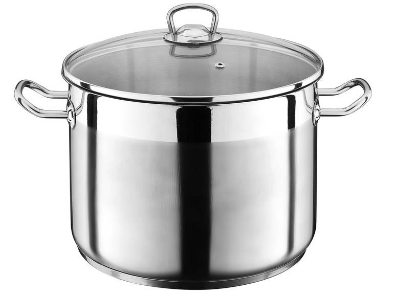 Een grote, stalen kookpot met glazen deksel.