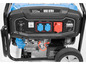 Een blauwe Güde GSE 8701 benzinegenerator met stekkers.