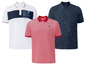 Drie poloshirts: wit met blauwe strepen en zeilmotief, rood en donkerblauw met wit.