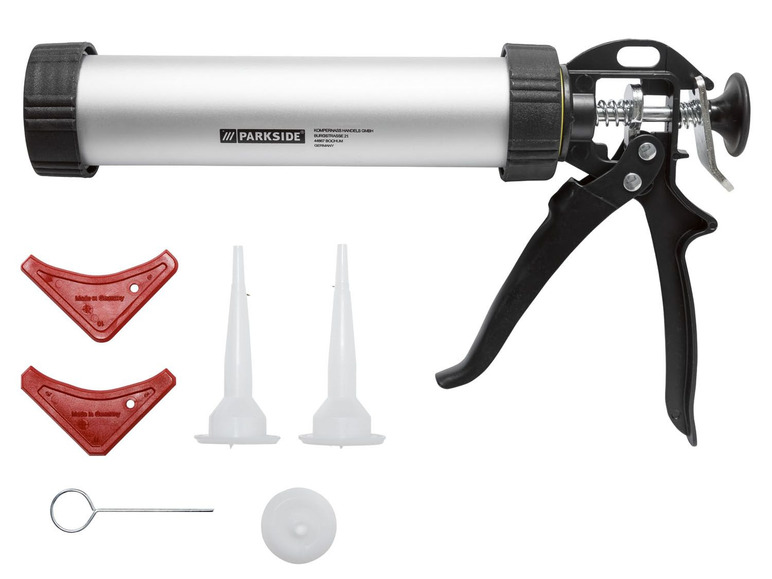 Een Parkside kitpistool met spuitmondjes en accessoires.
