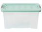 Transparante opbergbox met mintgroene deksel en handvatten.