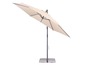 Beige parasol met een grijs metalen frame en een stenen voet.