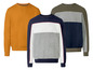 Drie heren sweaters in verschillende kleuren en patronen.