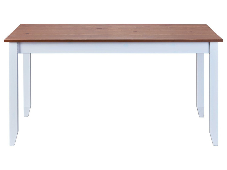 Een witte eettafel met een houten blad.