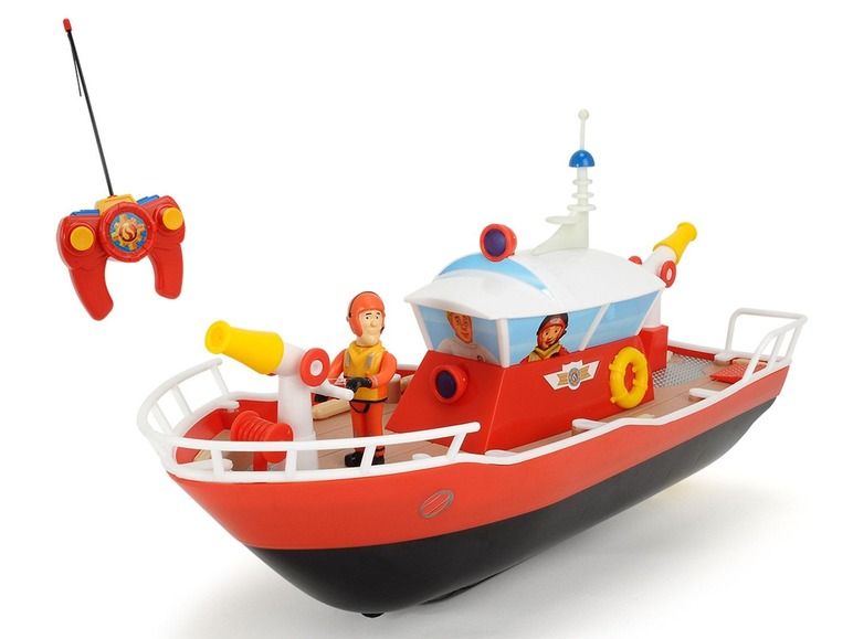 Een rode brandweerboot met een afstandsbediening.