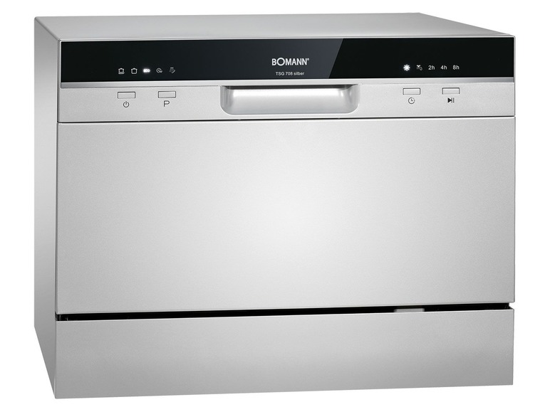 Een zilveren vaatwasser van Bomann met digitale knoppen.