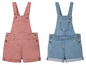 Twee denim overalls, een roze en een blauwe.