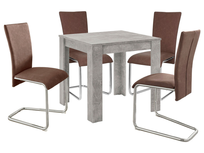 Een vierkante tafel met vier bruine stoelen met metalen onderstel.