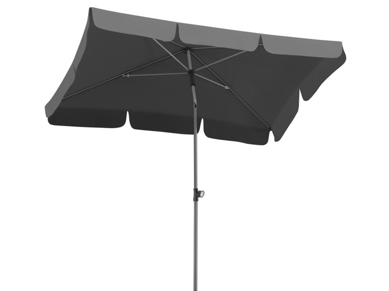 Een grijze parasol voor buiten.