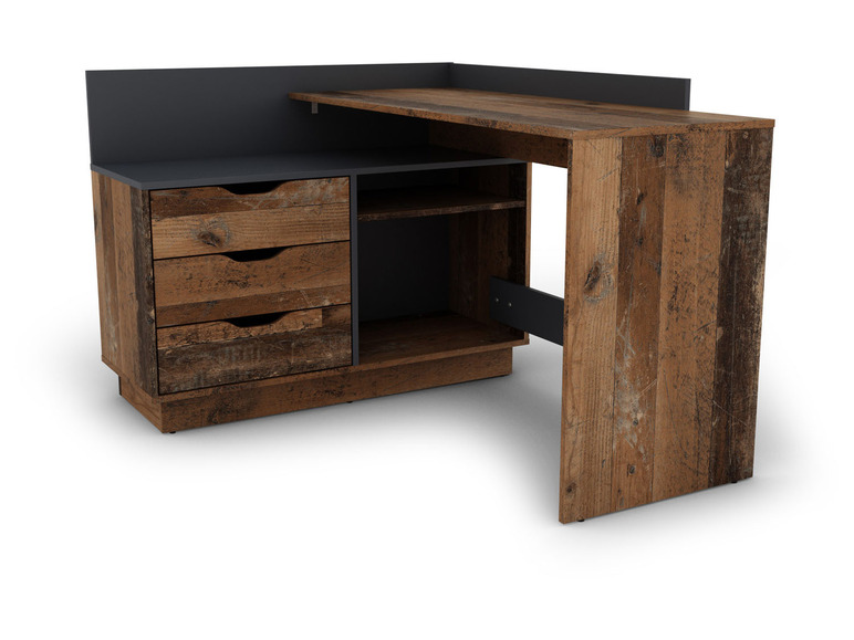 Een hoekbureau van hout met drie laden en een open vak.