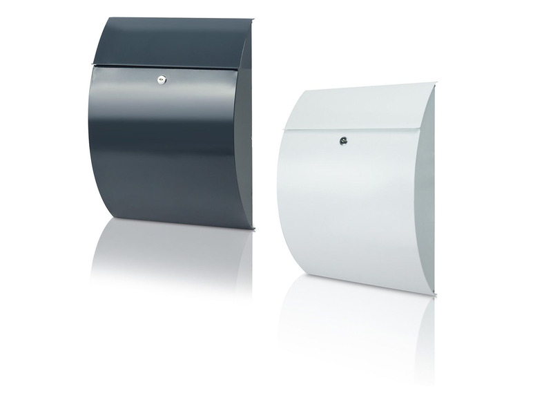 Twee moderne, metalen brievenbussen in grijs en wit.