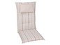 Beige tuinstoel kussen met rugsteun en strepen.