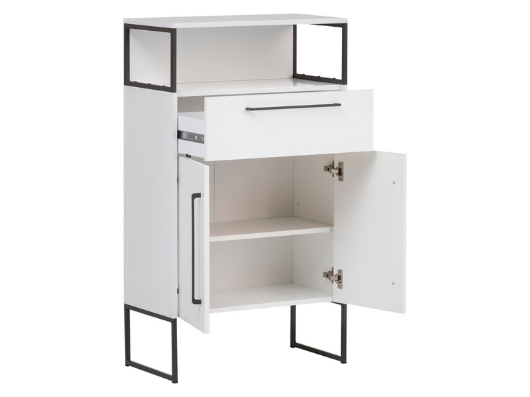 Witte kast met zwarte metalen poten, een lade en twee deuren.