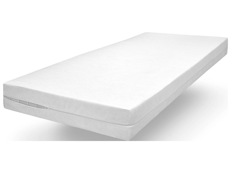 Een witte matrasbeschermer met rits.