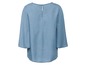 Een lichtblauw denim blouse met 3/4 mouwen.