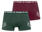Twee paar groene en rode boxershorts met Brezelbub-logo.