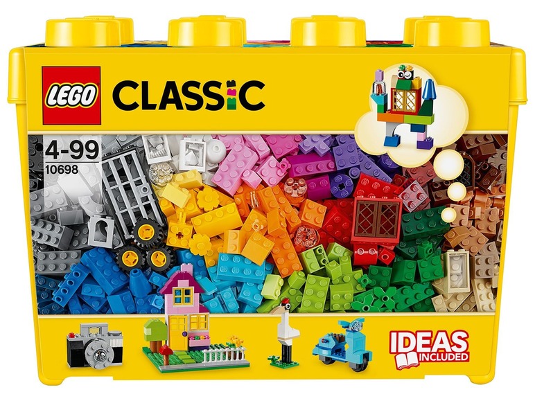 LEGO Classic doos met diverse kleurrijke stenen, inclusief ideeën voor bouwwerken.