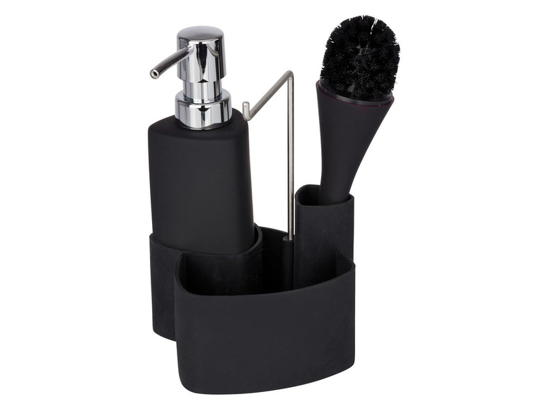 Zwarte dispenser voor zeep en borstel met stalen houder.