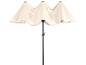 Een beige parasol met een zwart frame.