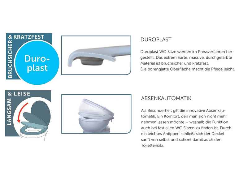 Duroplast wc-brillen met automatische sluiting, gemaakt van duurzaam en krasbestendig materiaal.