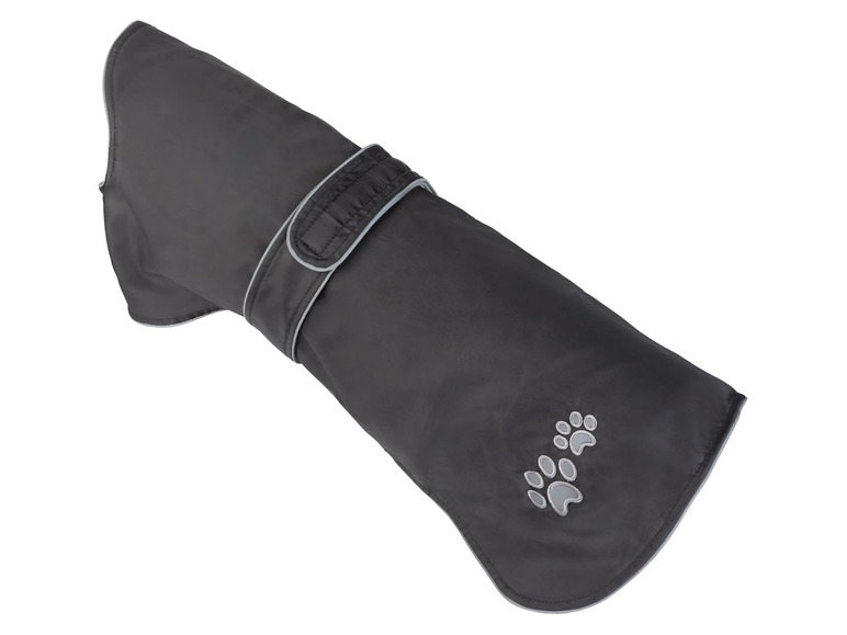 Zwarte hondenjas met grijze details en pootjes.