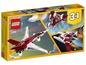 Lego 3-in-1 set met een rode straaljager, een ruimtevaartuig en een robot.